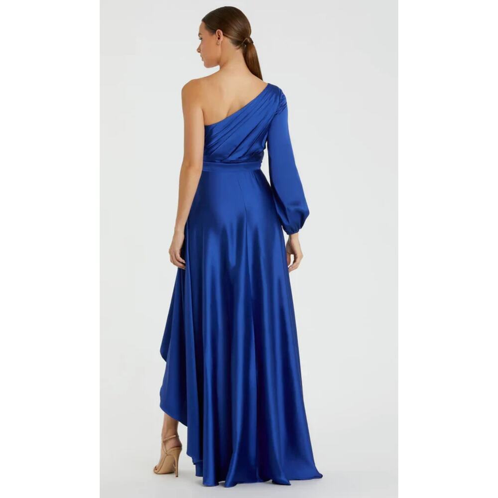 New Tags Ieena Mac Duggal Dark Blue One Shoulder Satin Hi Low Gown Sz 4 - Picture 3 of 16